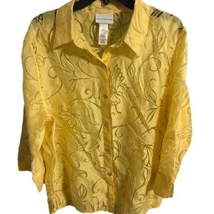 Alfred Dunner Yellow Floral Butterfly Button-Down Shirt, Women’s Sz Large